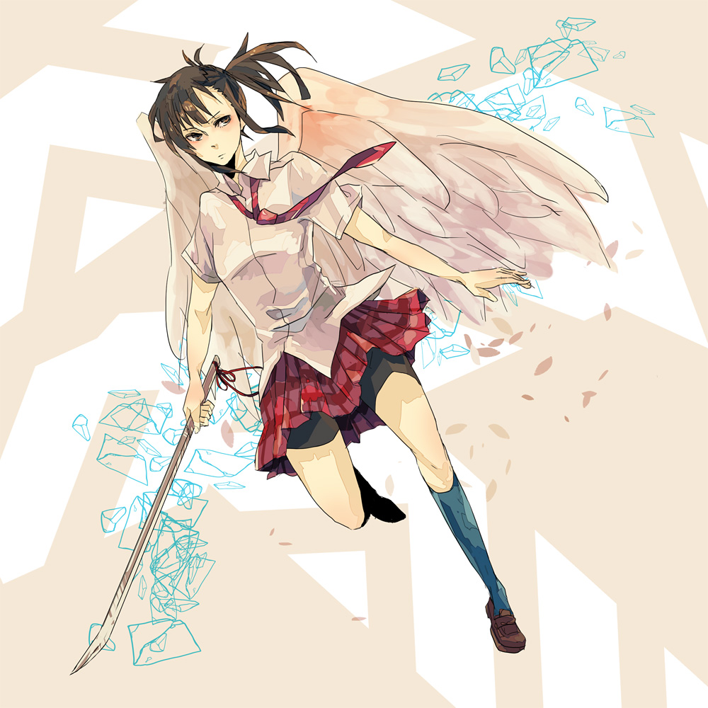 ame_(n096), bike_shorts, brown_eyes, brown_hair, katana, kneehighs, long_hair, mahou_sensei_negima!, necktie, petals, plaid, plaid_skirt, sakurazaki_setsuna, school_uniform, shorts_under_skirt, side_ponytail, skirt, skirt_over_shorts, solo, sword, weapon, wings