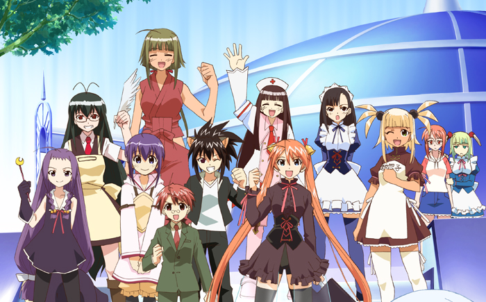 6+girls, ahoge, alternate_costume, animal_ears, antenna_hair, apron, arms_behind_back, ayase_yue
