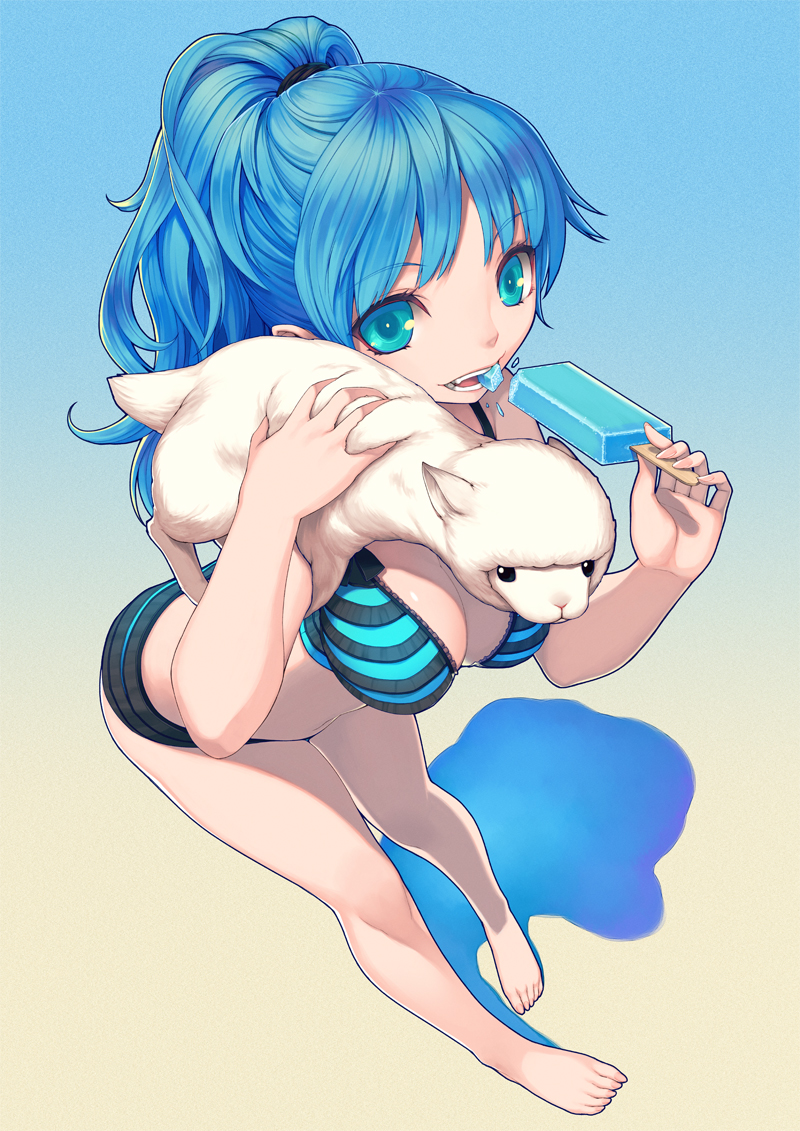 arched_back, bare_legs, bare_shoulders, barefoot, blue_eyes, blue_hair, bra, breasts