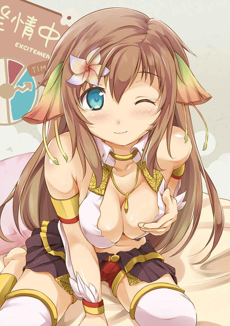 animal_ears, bare_shoulders, blue_eyes, blush, breasts, brown_hair, ciel_nosurge, cleavage