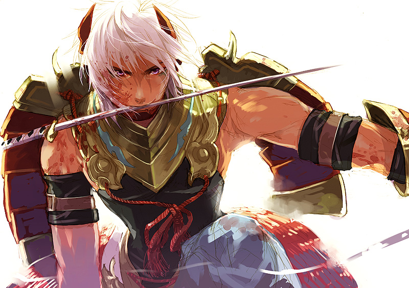 blood, harukanaru_toki_no_naka_de, harukanaru_toki_no_naka_de_3, horns, koto_eri, male, mouth_hold, pants