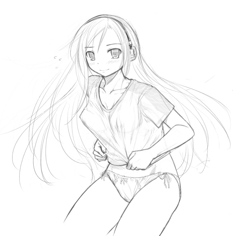 blush, breasts, erect_nipples, headphones, kasuga_yukihito, long_hair, lucia, monochrome