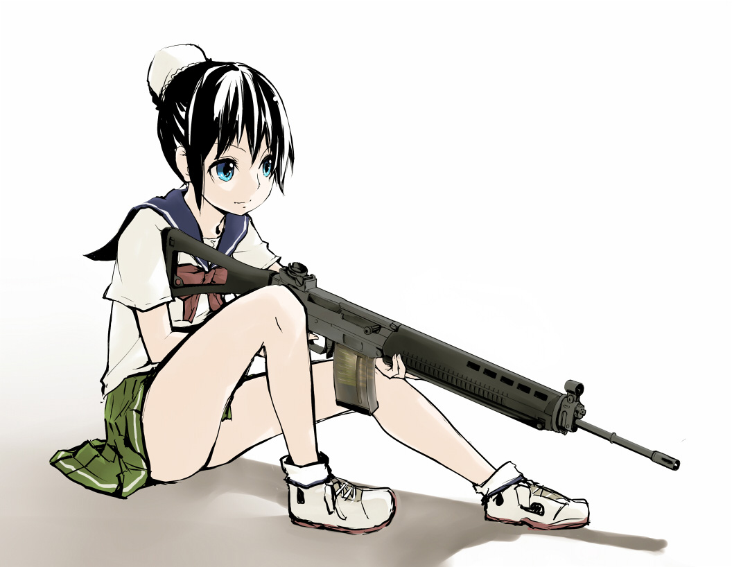 aqua_eyes, assault_rifle, black_hair, bowtie, gun, hair_bun, rifle, school_uniform
