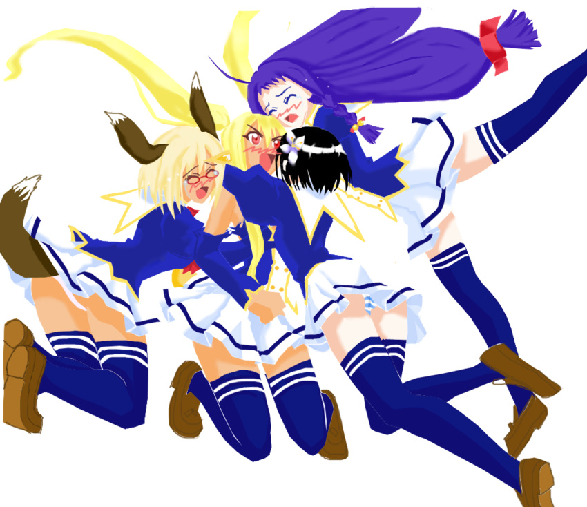 4girls, animal_ears, ayase_yue, beatrice_monroe, bluesky17, blush, bunches, collet_falandoll, emily_sevensheep, flat_color, glasses, hug, long_hair, mahou_sensei_negima!, multiple_girls, panties, purple_hair, school_uniform, skirt, striped, striped_panties, tail, thigh-highs, thighhighs, transparent_background, twintails, underwear, zettai_ryouiki