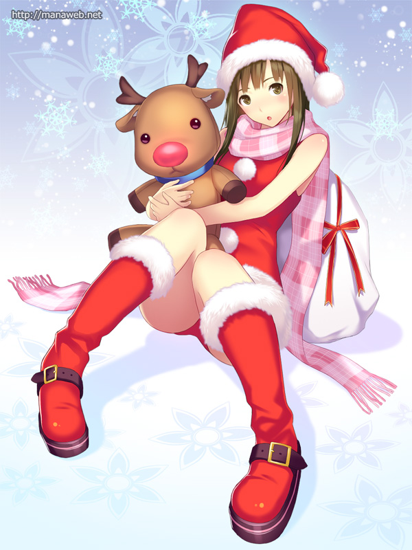 :o, boots, brown_eyes, brown_hair, hat, ilog, mana_kakkowarai, official_art, original, plaid, plaid_scarf, santa_costume, santa_hat, scarf, solo, stuffed_animal, stuffed_reindeer, stuffed_toy, tsutsui_aki, watermark, web_address