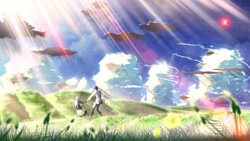 brown_hair, cloud, clouds, depth_of_field, dress, eden*_they_were_only_two_on_the_planet, field, long_hair