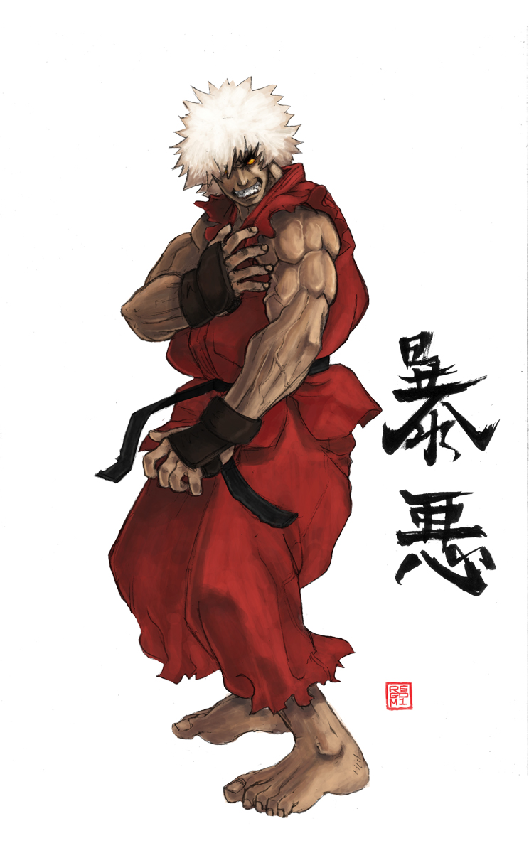 afro, bared_teeth, barefoot, capcom, dark_persona, dark_skin, dougi, fighting_stance
