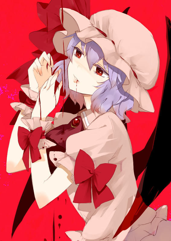 bad_id, bat_wings, blood, bow, bust, hat, ishiaji, purple_hair