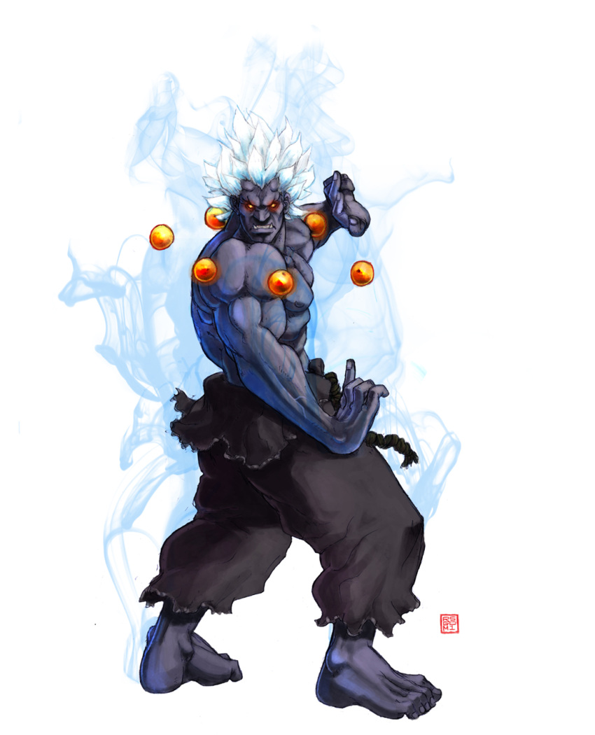 aura, barefoot, beads, fighting_stance, glowing, glowing_eyes, highres, kuruoshiki_oni
