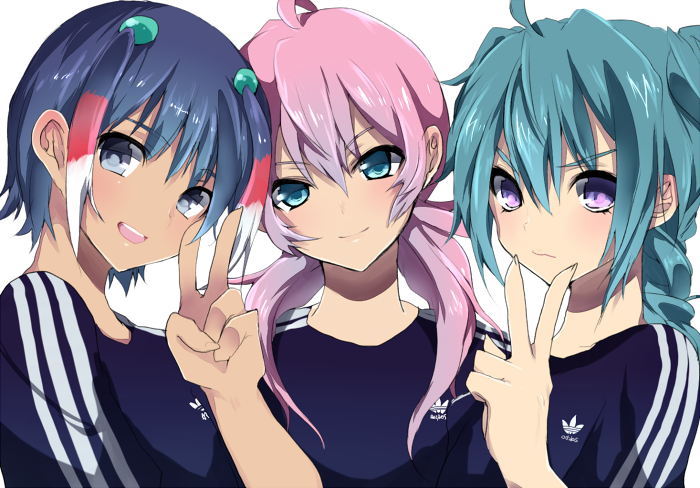 3boys, adidas, ahoge, androgynous, black_eyes, black_hair, blue_eyes, blue_hair