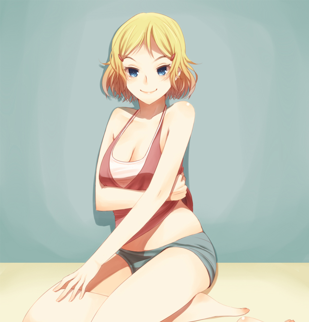 america_(hetalia), axis_powers_hetalia, blonde_hair, blue_eyes, breasts, cleavage, genderswap, grin