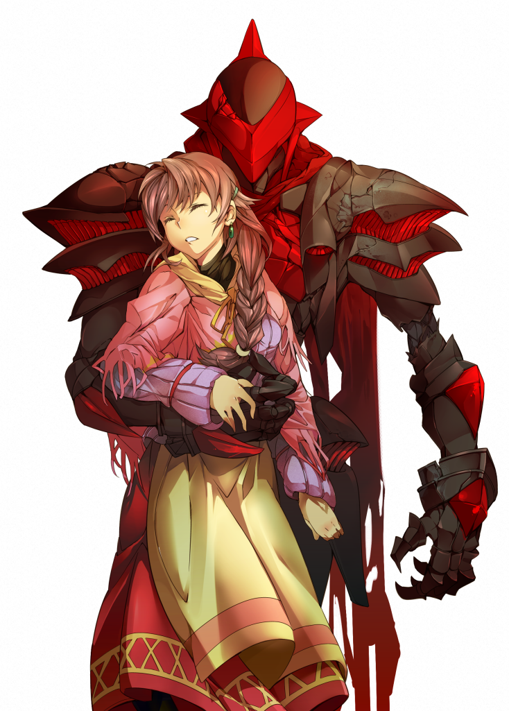 1girl, armor, ashley_winchester, braid, brown_hair, claws, closed_eyes, dress