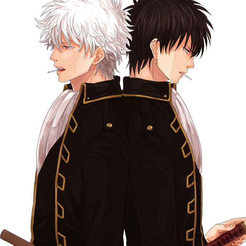 back-to-back, black_hair, candy, cigarette, gintama, hijikata_toushirou, lollipop, male