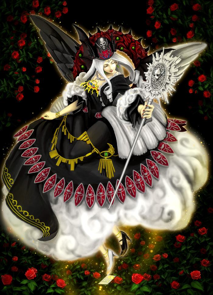 asymmetrical_wings, bat_wings, black_wings, bracelet, chaos_goddess, dress, drill_hair, duel_monster