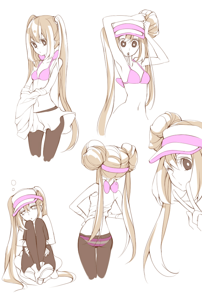 alternate_hairstyle, armpits, arms_up, bikini, black_eyes, bow, bra, brown_eyes, brown_hair, character_sheet, double_bun, face, female_protagonist_(pokemon_bw2), flat_color, huan_li, leg_hug, long_hair, mei_(pokemon), midriff, mouth_hold, navel, panties, panties_under_pantyhose, pantyhose, pink_bikini, pokemon, pokemon_(game), pokemon_bw2, shoes, shorts, simple_background, sketch, skirt, sleepy, solo, striped, striped_bikini, striped_swimsuit, swimsuit, twintails, underwear, undressing, v, very_long_hair, visor, visor_cap, white_background, white_skin, wink