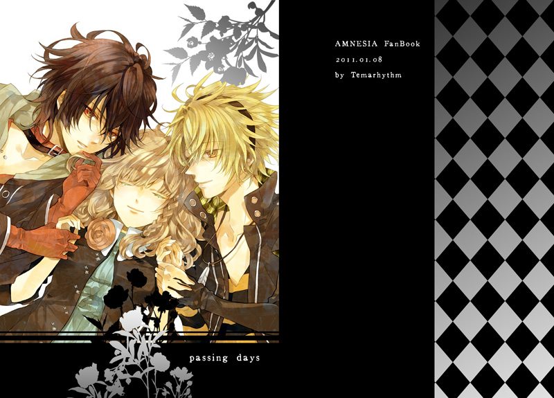 2011, 2boys, amnesia_(idea_factory), bad_id, black_hair, blonde_hair, brown_hair, dated, flower, gloves, hairband, heroine_(amnesia), multiple_boys, pink_rose, red_eyes, rose, shin_(amnesia), short_hair, smile, teo_(kaminaripanda), title_drop, toma_(amnesia), yellow_eyes
