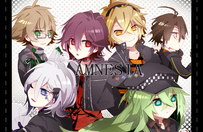 amnesia_(idea_factory), black_hair, blonde_hair, blue_eyes, brown_hair, choker, glasses, green_eyes, green_hair, hat, ikki_(amnesia), kent_(amnesia), long_hair, male, multiple_boys, red_eyes, sasuke_gekki, shin_(amnesia), smile, toma_(amnesia), ukyou_(amnesia), waka_(amnesia), white_hair, wink, yellow_eyes