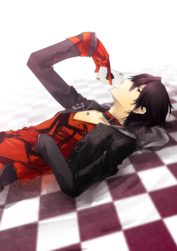 amnesia_(idea_factory), black_hair, card, checkered, checkered_floor, choker, gloves, jacket