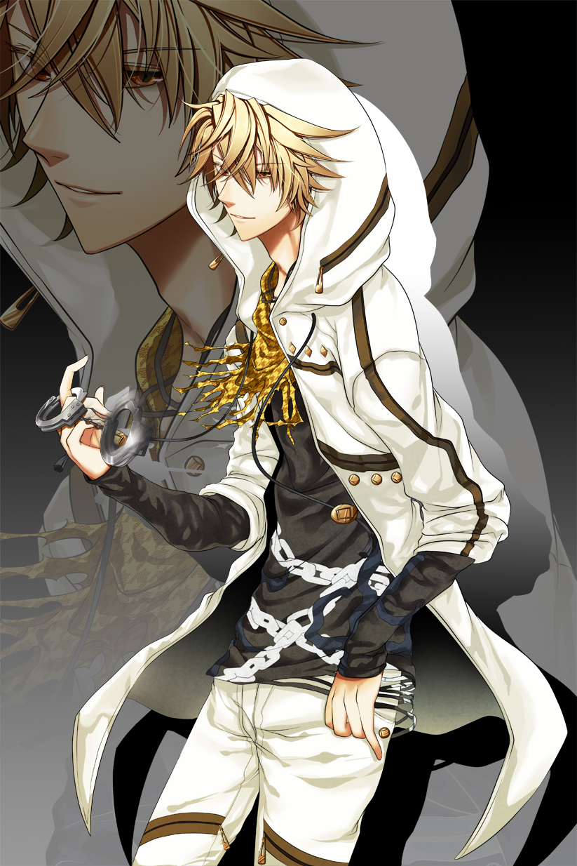 amnesia_(idea_factory), black_background, blonde_hair, cuffs, handcuffs, highres, hood, jacket, male, megumi_(redpapaver), orange_eyes, pants, shirt, smile, solo, toma_(amnesia), zoom_layer