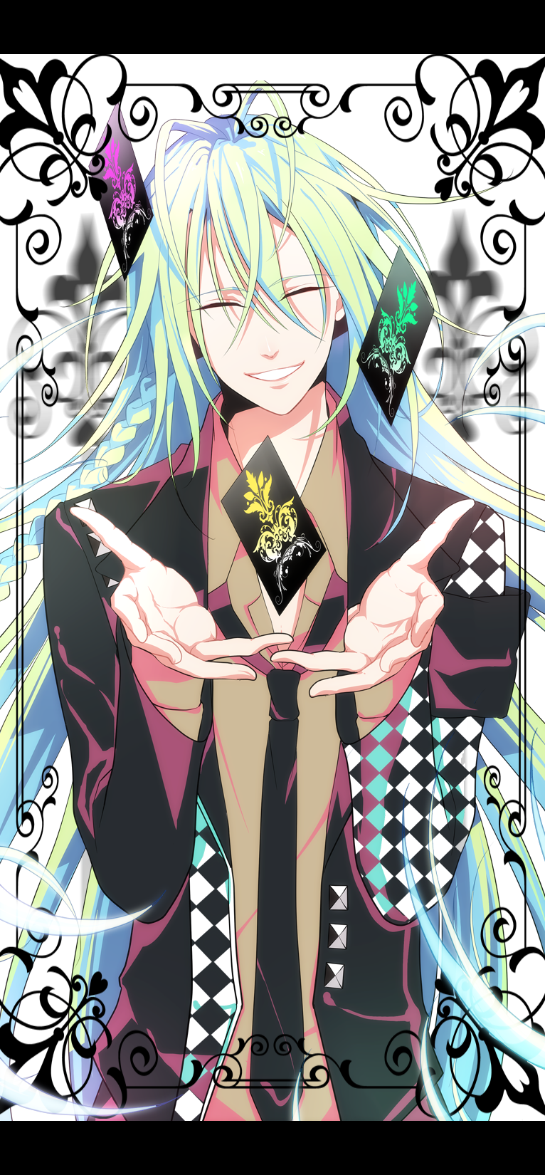 amnesia_(idea_factory), card, closed_eyes, eyes_closed, formal, green_hair, highres, long_hair