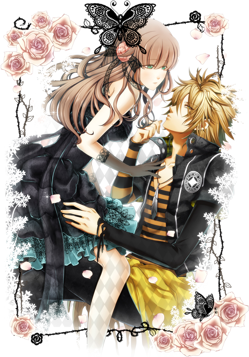 1girl, amnesia_(idea_factory), blonde_hair, brown_hair, butterfly, couple, dress, feathers