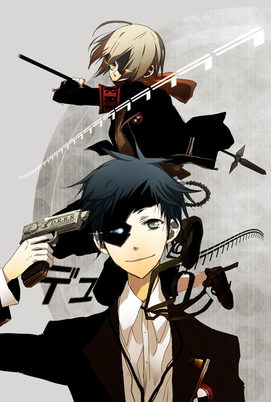 amada_ken, amada_ken_(cosplay), arisato_minato, arisato_minato_(cosplay), armband, blue_eyes, blue_hair, brown_eyes