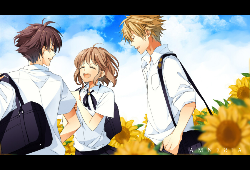 2boys, amnesia_(idea_factory), bag, black_hair, blonde_hair, brown_hair, closed_eyes, eyes_closed, flower, heroine_(amnesia), icylove, letterboxed, multiple_boys, school_uniform, shin_(amnesia), shirt, short_hair, sky, smile, sunflower, title_drop, toma_(amnesia)