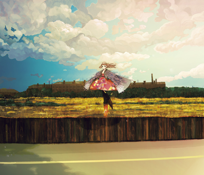black_legwear, blue_eyes, boots, brown_hair, building, cape, cloud, clouds