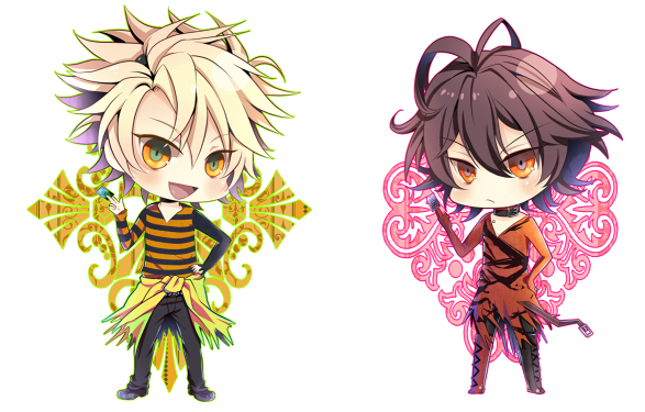 ahoge, amnesia_(idea_factory), black_hair, blonde_hair, chibi, choker, male, megumi_(redpapaver)