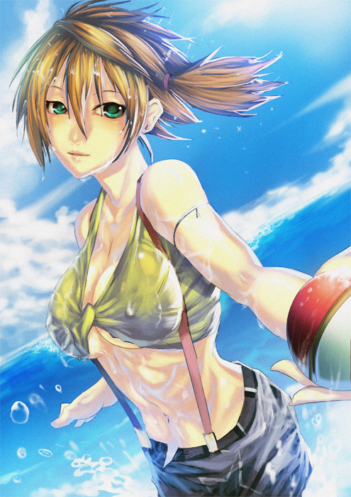 1girl, breasts, cleavage, cloud, clouds, front-tie_top, green_eyes, holding