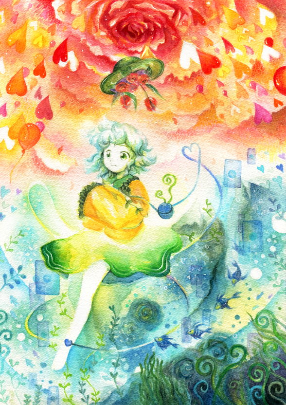 balloon, colored_pencil_(medium), eyeball, flower, green_eyes, hat, heart, heart_of_string