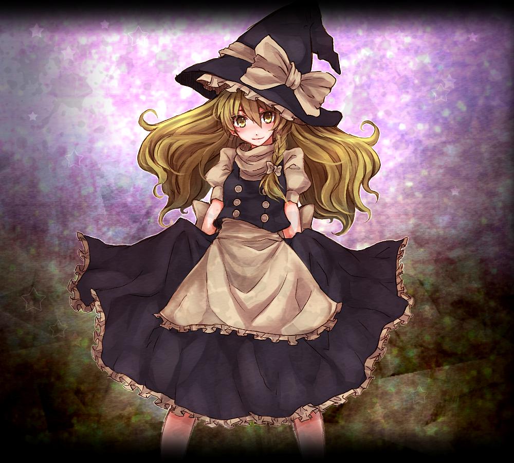 apron, blonde_hair, bow, braid, buttons, frills, gradient, gradient_background, hair_bow, hat, hat_bow, high_collar, kirisame_marisa, light_smile, long_hair, looking_at_viewer, puffy_sleeves, shino_haruto, shirt, short_sleeves, single_braid, skirt, skirt_lift, solo, standing, star, touhou, vest, witch, witch_hat, yellow_eyes