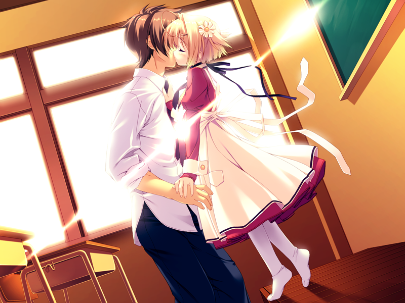 1girl, age_difference, ahoge, blonde_hair, child, closed_eyes, couple, dress