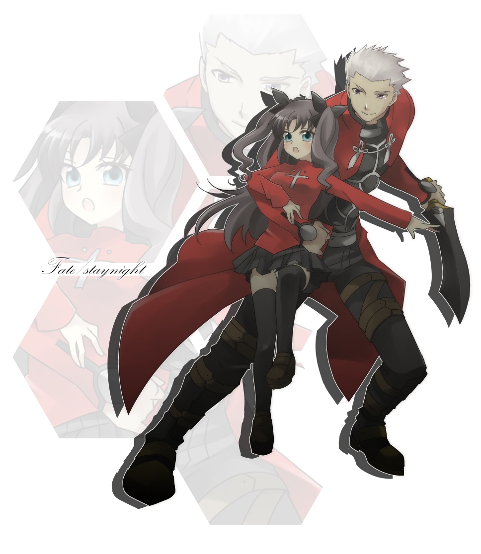 1girl, archer, black_hair, black_legwear, blue_eyes, brown_hair, fate/stay_night, fate_(series)