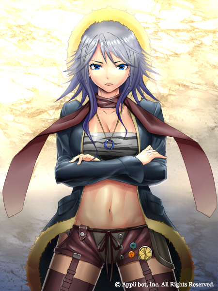 blue_eyes, blue_hair, crossed_arms, furyou_michi_~_gang_lord, garter_straps, midriff, scarf, shijima_(tanfn), short_shorts, shorts, solo