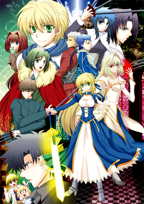 archer, archetype_earth, arcueid_brunestud, black_keys, cape, child_gilgamesh, ciel, cigarette, company_connection, crossover, emiya_kiritsugu, excalibur, fate/hollow_ataraxia, fate/prototype, fate/stay_night, fate/zero, fate_(series), gilgamesh, glowing, glowing_weapon, hair_intakes, kara_no_kyoukai, lancer, mahou_tsukai_no_yoru, nekoarc, noco_tm, saber, saber_(fate/prototype), tsukihime, type-moon, waver_velvet, weapon