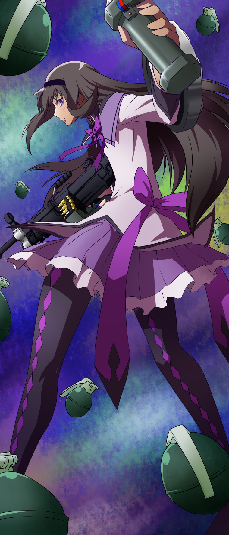 akemi_homura, black_hair, explosive, grenade, gun, hairband, highres, long_hair