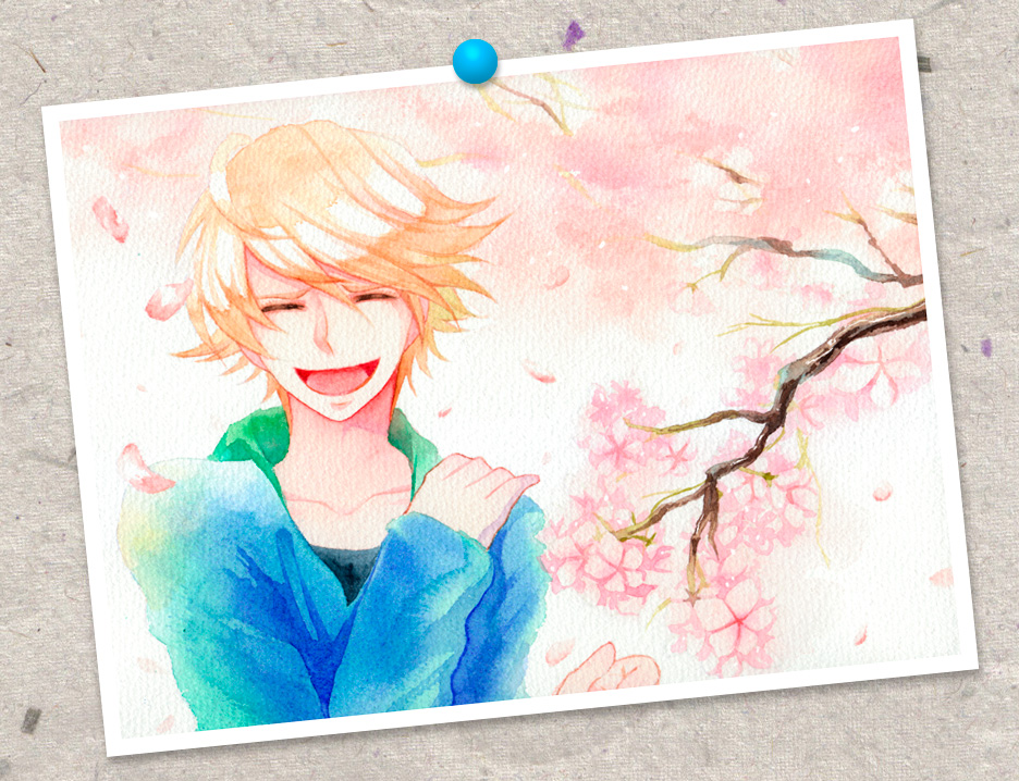:d, ^_^, ahoge, cherry_blossoms, closed_eyes, eyes_closed, faux_traditional_media, hoodie