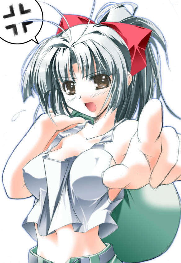 angry, belt, blush, bow, breasts, brown_eyes, brown_hair, hair_bow