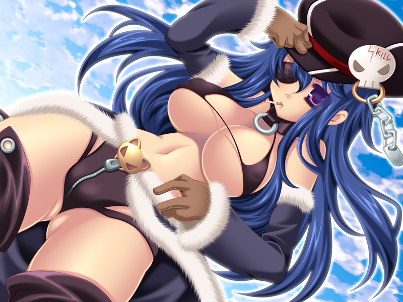 bare_shoulders, bikini_top, blue_hair, boots, breasts, cabbie_hat, chain, chains, cloud, clouds, collar, detached_sleeves, dutch_angle, fur_trim, gloves, hair_ornament, hakoiri_nyanko, hat, large_breasts, long_hair, mouth_hold, navel, purple_eyes, ragnarok_online, shadow_chaser, skull_hair_ornament, sky, solo, stalker, thigh-highs, thigh_boots, thighhighs, violet_eyes