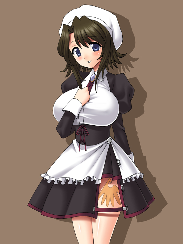 apron, blue_eyes, blush, breasts, brown_hair, huge_breasts, maid, naru_(kuma), shannon, short_hair, smile, umineko_no_naku_koro_ni