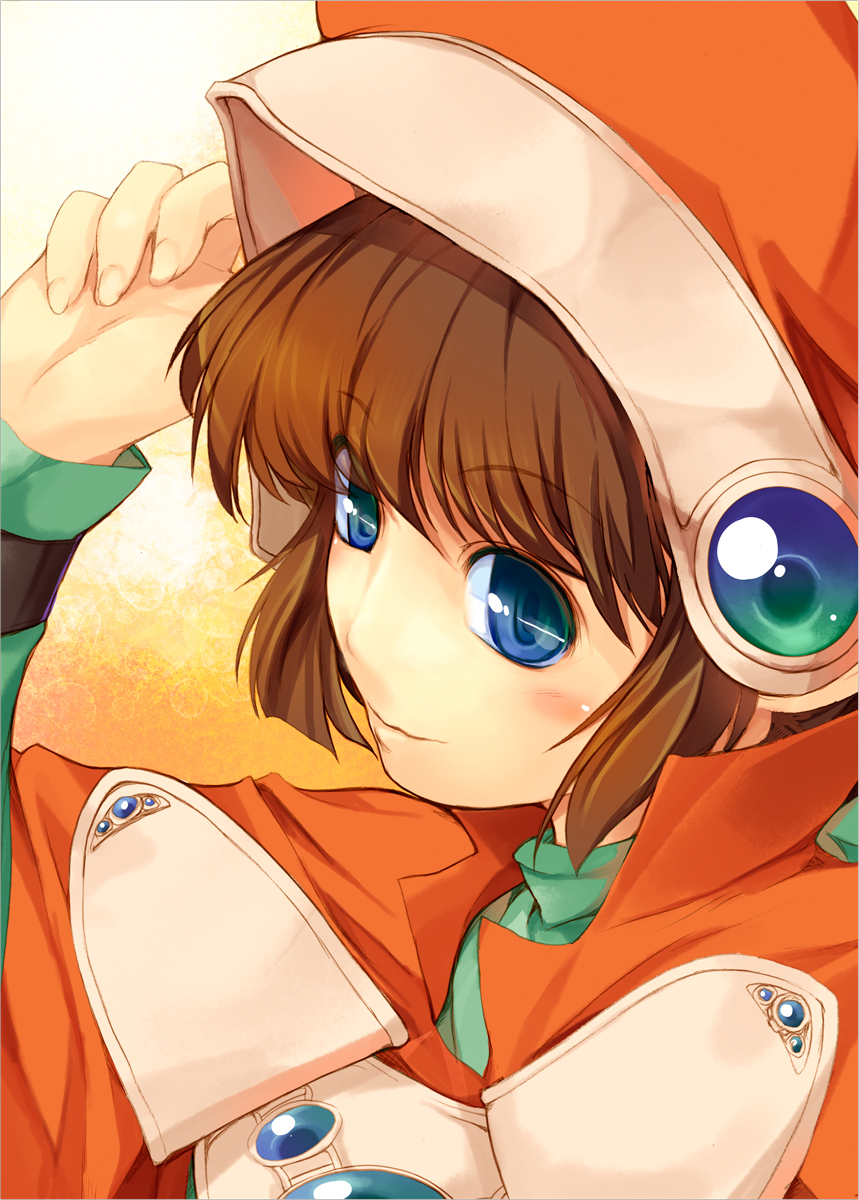 blue_eyes, blush, brown_hair, face, hat, highres, kirishima_satoshi, marguerite_fatima, portrait, short_hair, solo, xenogears