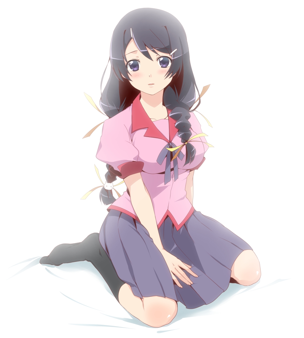 bakemonogatari, between_legs, blush, braid, breasts, ekra, hair_ornament, hairclip, hand_between_legs, hanekawa_tsubasa, kneeling, monogatari_(series), nekomonogatari, pleated_skirt, purple_eyes, purple_hair, school_uniform, skirt, solo, twin_braids, violet_eyes