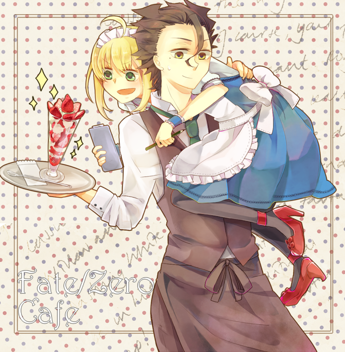 ahoge, apron, blonde_hair, blush, bow, brown_hair, fate/zero, fate_(series), food, fruit, fujichika, green_eyes, high_heels, lancer_(fate/zero), maid, maid_headdress, mole, necktie, open_mouth, pencil, person_over_shoulder, saber, shoes, short_hair, spoon, strawberry, tray, waiter, yellow_eyes