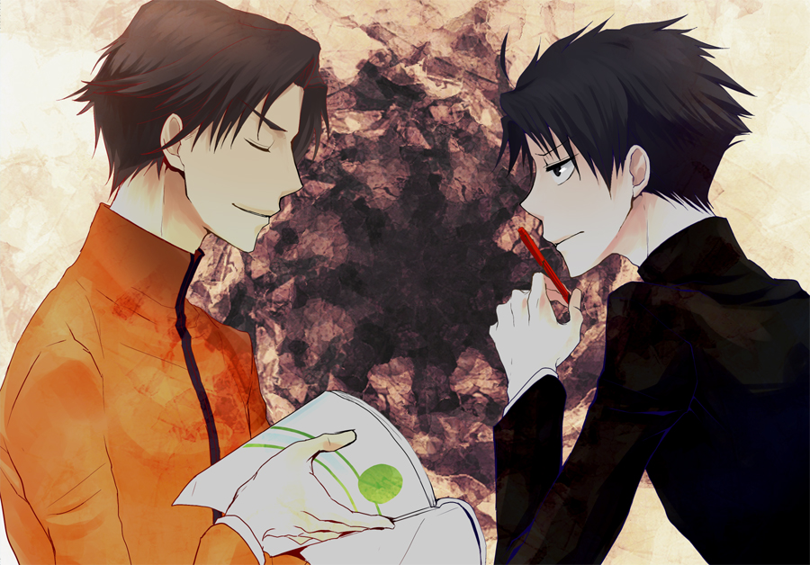 bad_id, black_eyes, black_hair, book, closed_eyes, eyes_closed, fate/zero, fate_(series), gakuran, male, matou_kariya, multiple_boys, pen, school_uniform, tohsaka_tokiomi, toosaka_tokiomi, u-si, young