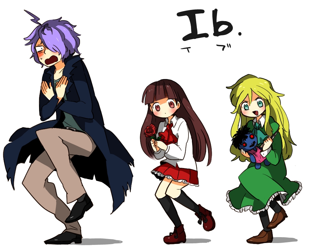 2girls, ahoge, ban_(3551702), blonde_hair, blush, brown_hair, coat, doll