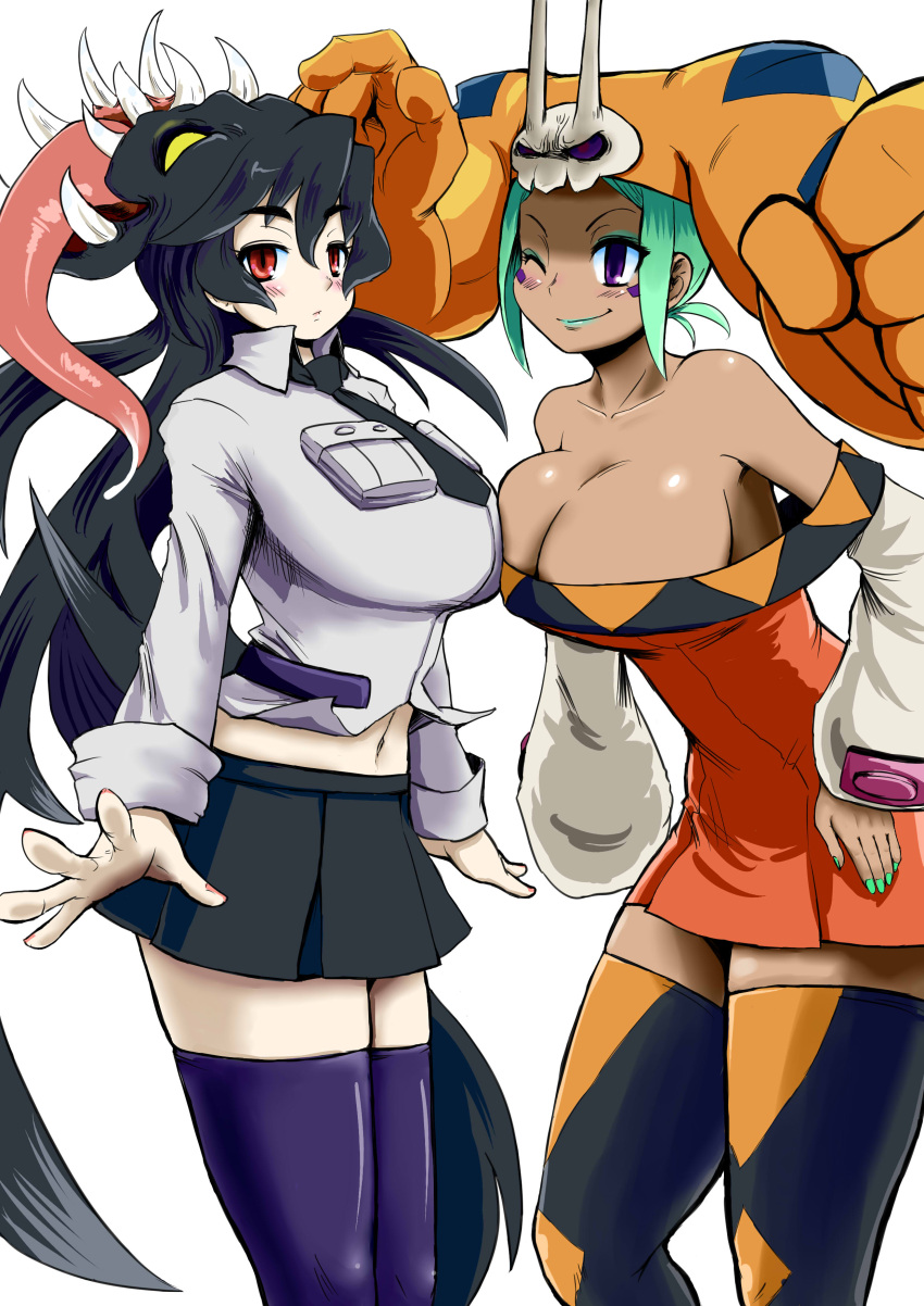 absurdres, black_hair, breast_press, breasts, cerebella_(skullgirls), cleavage, dark_skin, extra_mouth, filia_(skullgirls), futakuchi-onna, green_hair, hat, highres, impossible_shirt, living_clothes, miniskirt, multiple_girls, prehensile_hair, purple_eyes, red_eyes, ryounosuke, samson_(skullgirls), simple_background, skirt, skullgirls, smile, thighhighs, vice-versa_(skullgirls), yellow_eyes, zettai_ryouiki