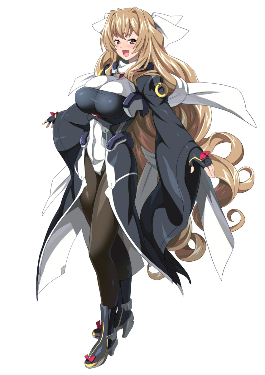 ankle_boots, aoi_kimi, blush, boots, breasts, brown_eyes, brown_hair, fingerless_gloves, gloves, high_heels, highres, kyoukai_senjou_no_horizon, large_breasts, long_hair, open_mouth, pantyhose, shinya_(artist), shoes, simple_background, solo, standing, very_long_hair