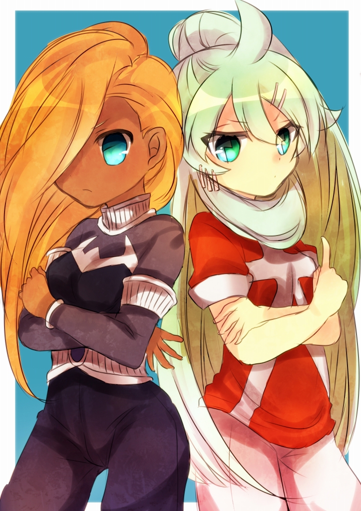 blonde_hair, blue_eyes, crossed_arms, green_eyes, green_hair, hair_over_one_eye, inazuma_eleven, inazuma_eleven_(series)