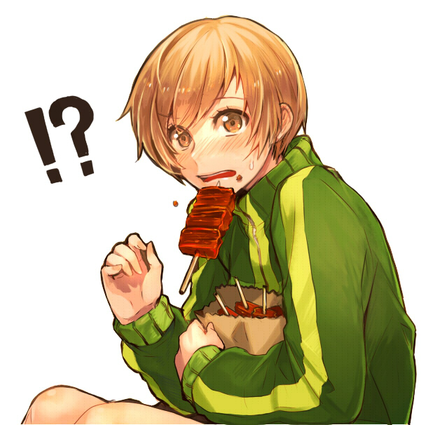 1girl, ?, bad_id, bag, blush, brown_eyes, brown_hair, cotoro56, eating, food, jacket, looking_at_viewer, meat, open_mouth, persona, persona_4, satonaka_chie, school_uniform, short_hair, sitting, solo, steak, surprised, sweat, track_jacket